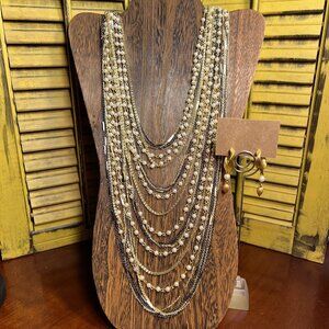 Beautiful Multi-Strand Multi-Tone Necklace with Goldtone Earrings
